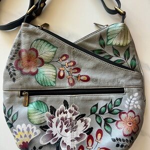 Anuschka Gray Leather Crossbody Bag Hand Painted Garden of Eden Wild Flowers